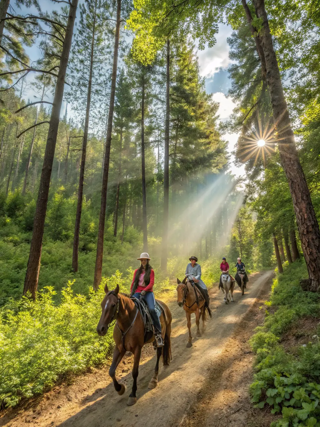 A group of riders participating in a scenic trail ride through the countryside surrounding ECURIE-MOULIN, emphasizing the natural beauty of the area.
