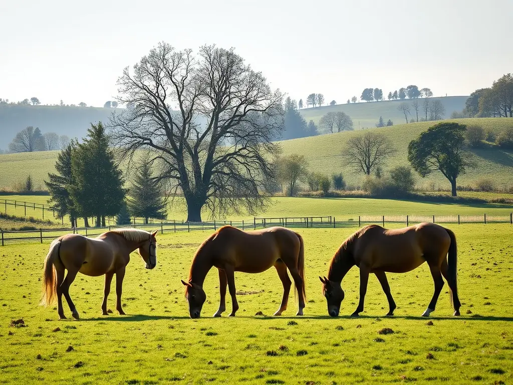 A scenic view of ECURIE-MOULIN's well-maintained stables and pastures, showcasing the beautiful environment for horses and riders.