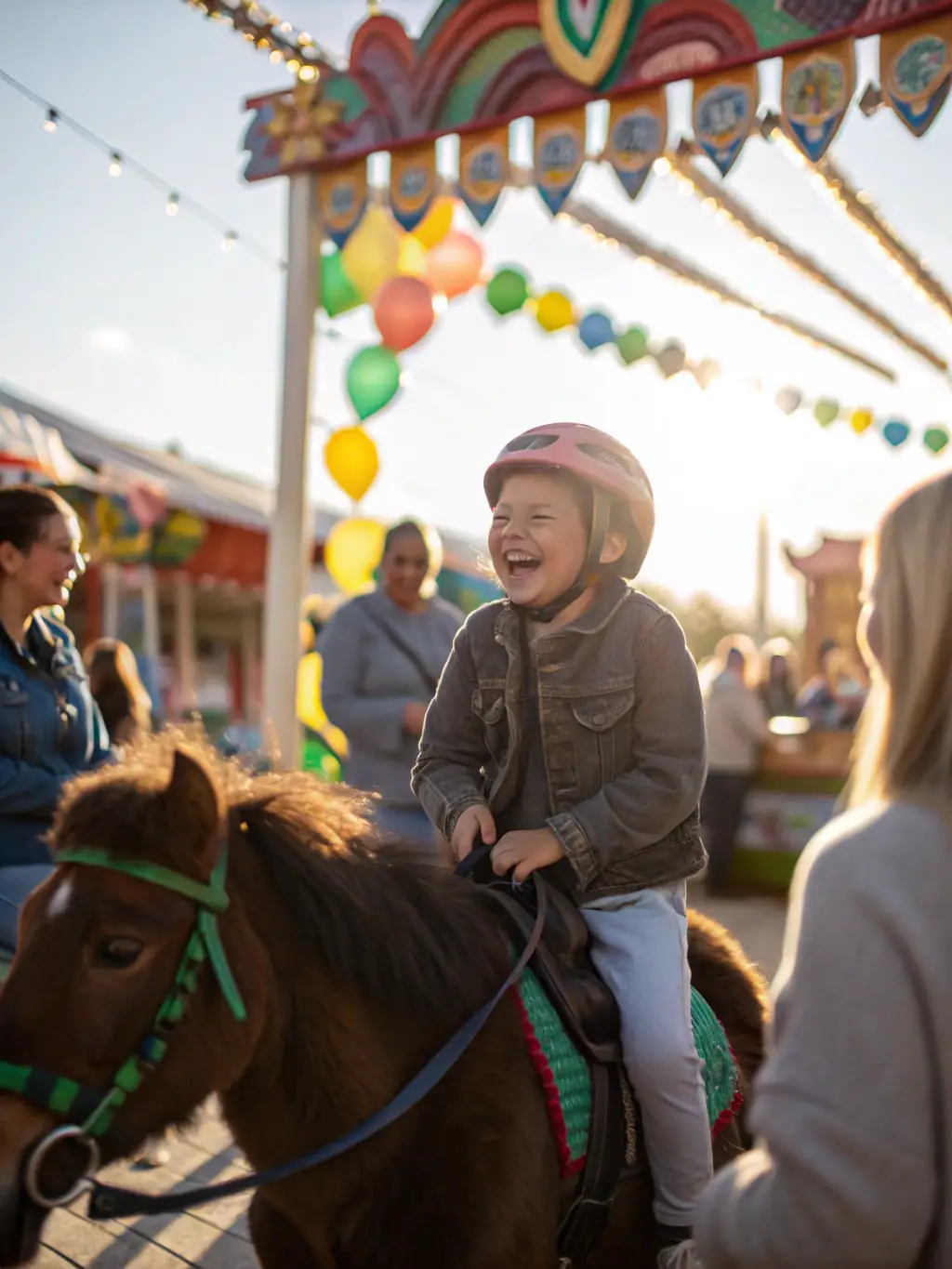 A young girl smiling while confidently riding a pony in a sunny outdoor arena at ECURIE-MOULIN, showcasing the beginner-friendly atmosphere.